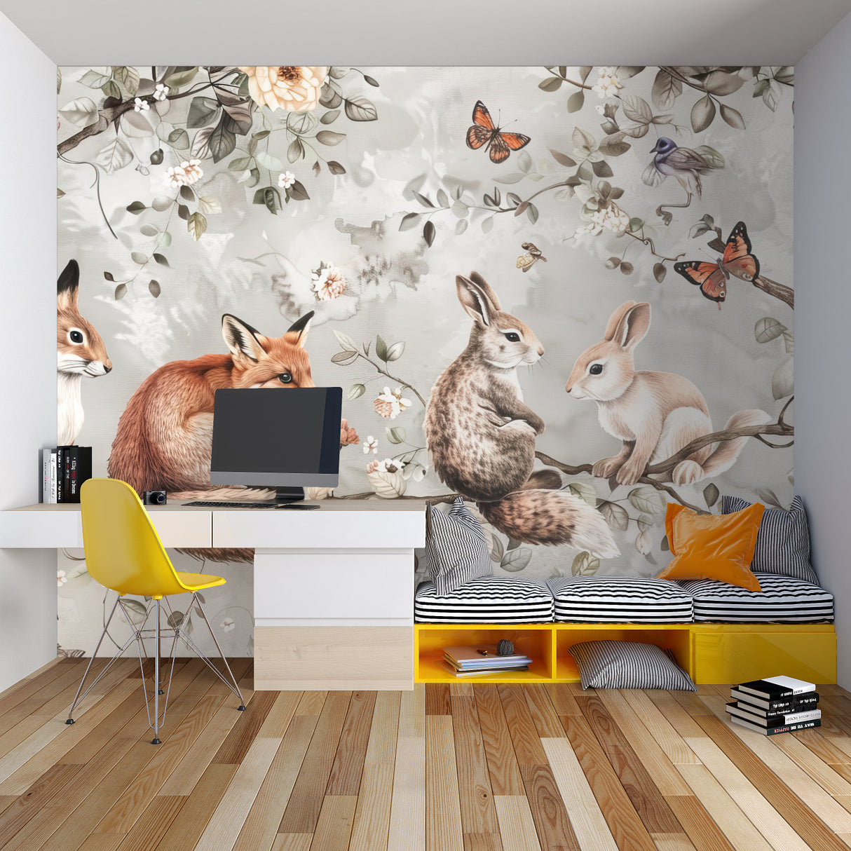Forest animal wallpaper creates cozy reading nook with soft neutral tones
