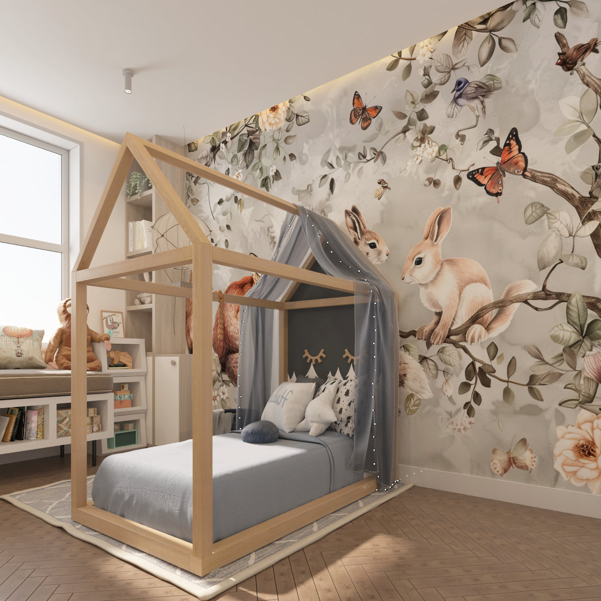 Woodland creatures wall mural in modern kids bedroom with natural light