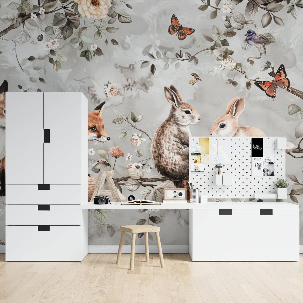 Animal wallpaper brightens baby nursery with soft peach and grey tones