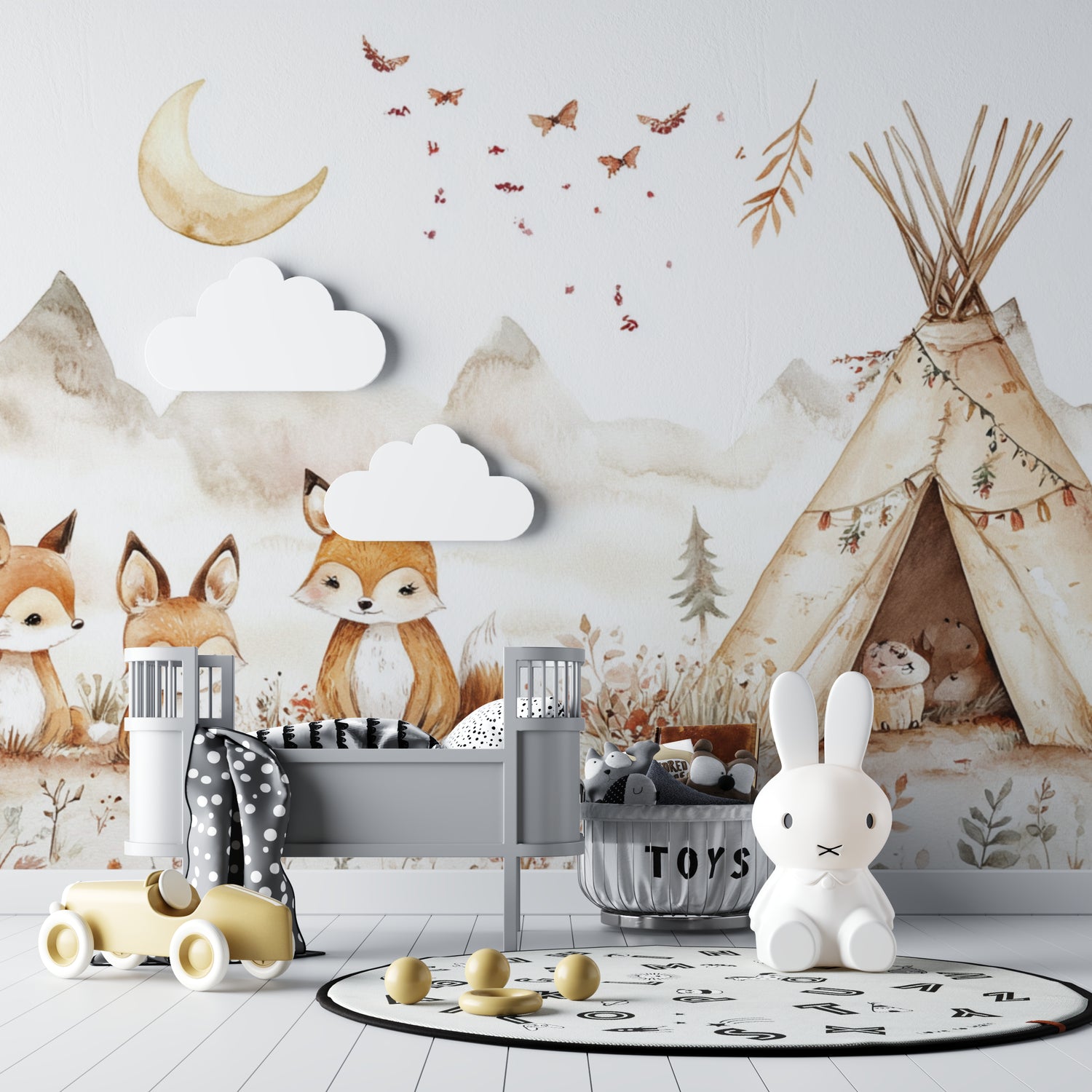 Children's bedroom featuring Forest Animals Wallpaper in modern Scandinavian style