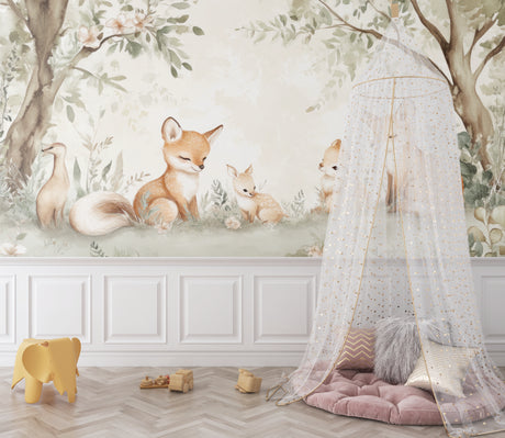 Forest animals wallpaper creating a cozy atmosphere in a modern nursery with natural light