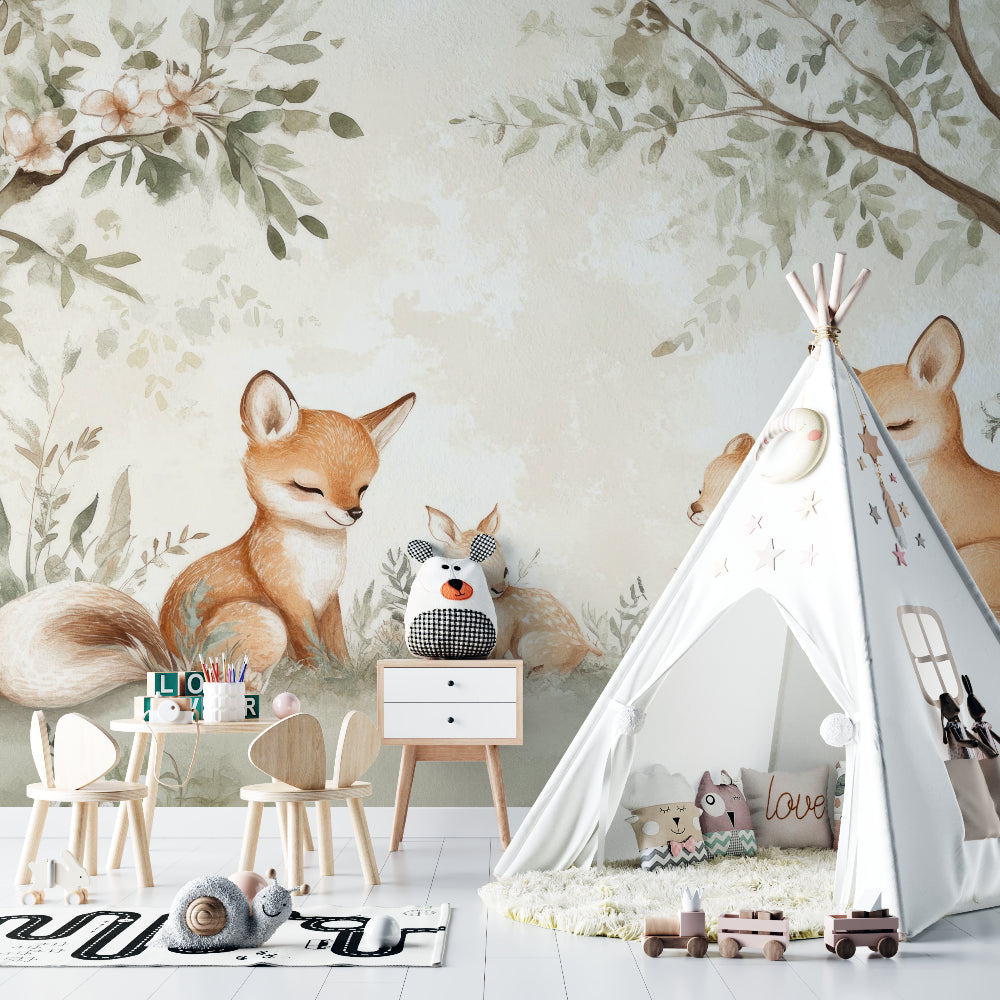 Woodland fox wallpaper adorning a kids reading nook with soft furnishings