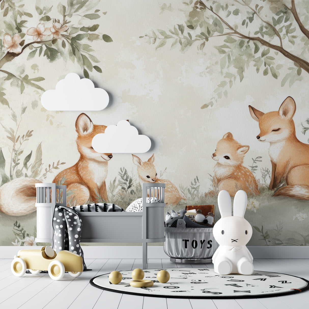 Fox family mural transforming a peaceful baby room with gentle lighting