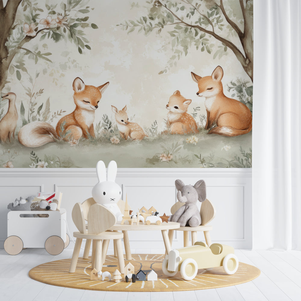 Forest animal wallpaper creating magic in a playroom setting