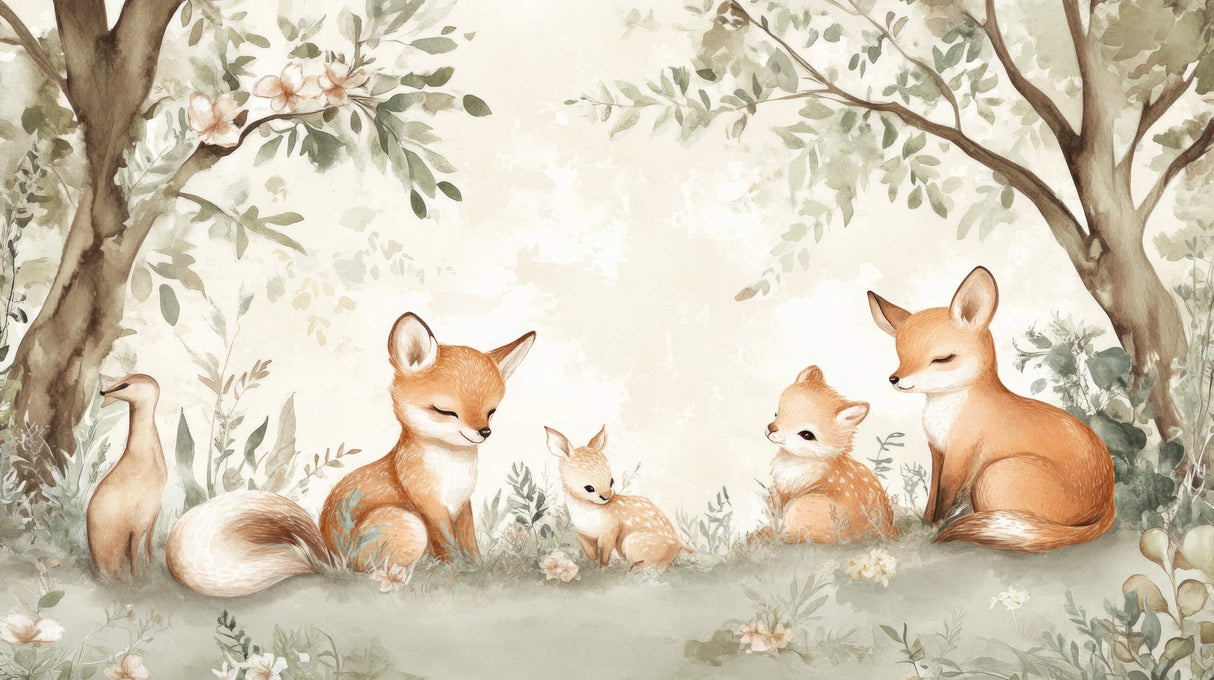 Watercolor fox family design file showing intricate forest details and gentle color palette