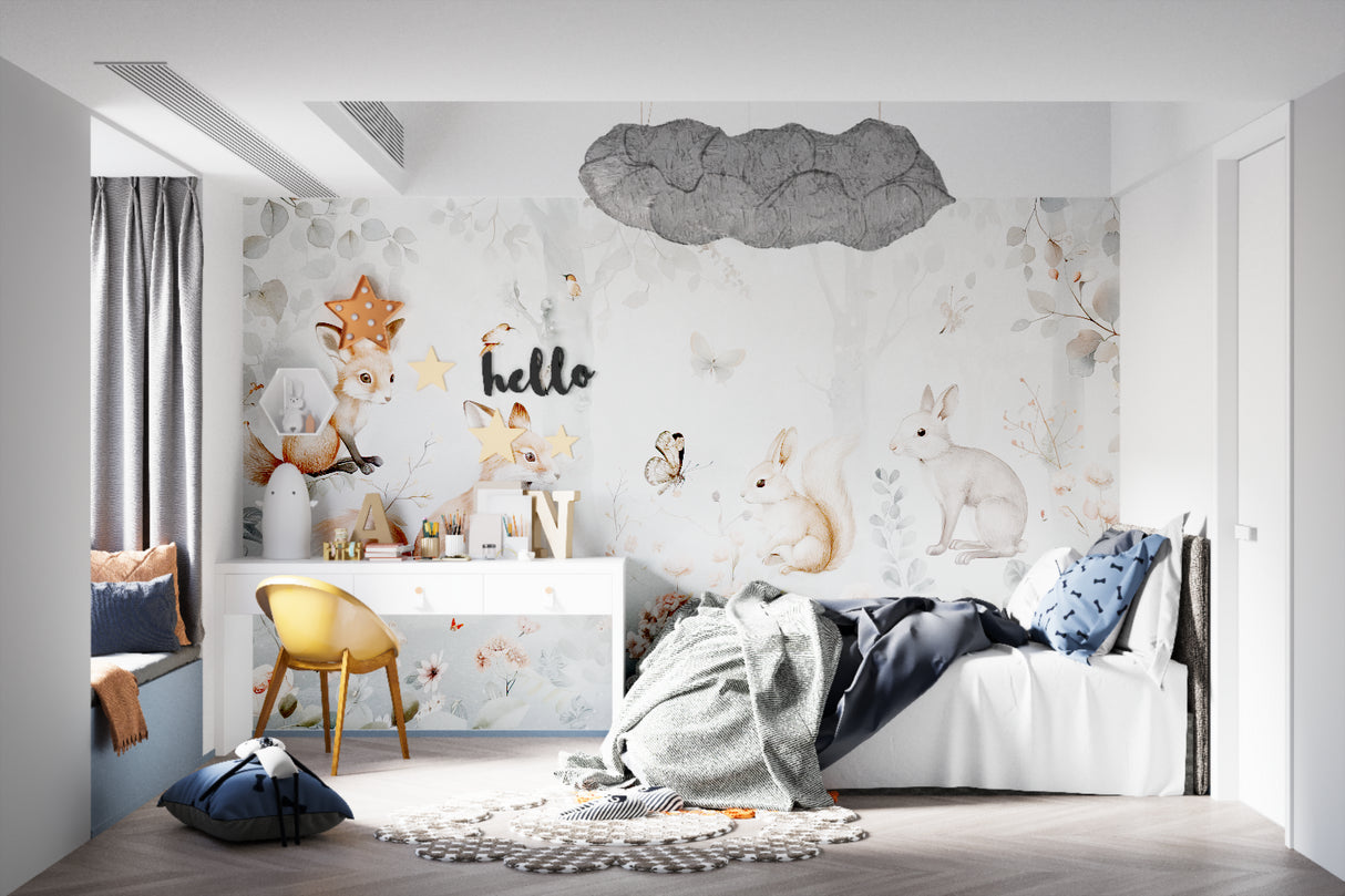 Forest Animals Wallpaper in bright nursery with white furniture showing scale and peaceful atmosphere