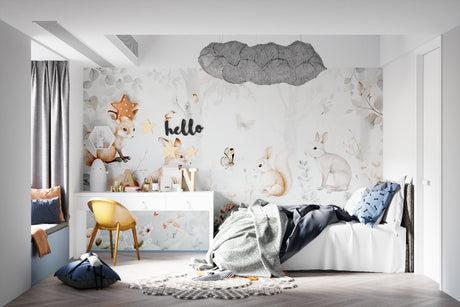 Forest Animals Wallpaper in bright nursery with white furniture showing scale and peaceful atmosphere