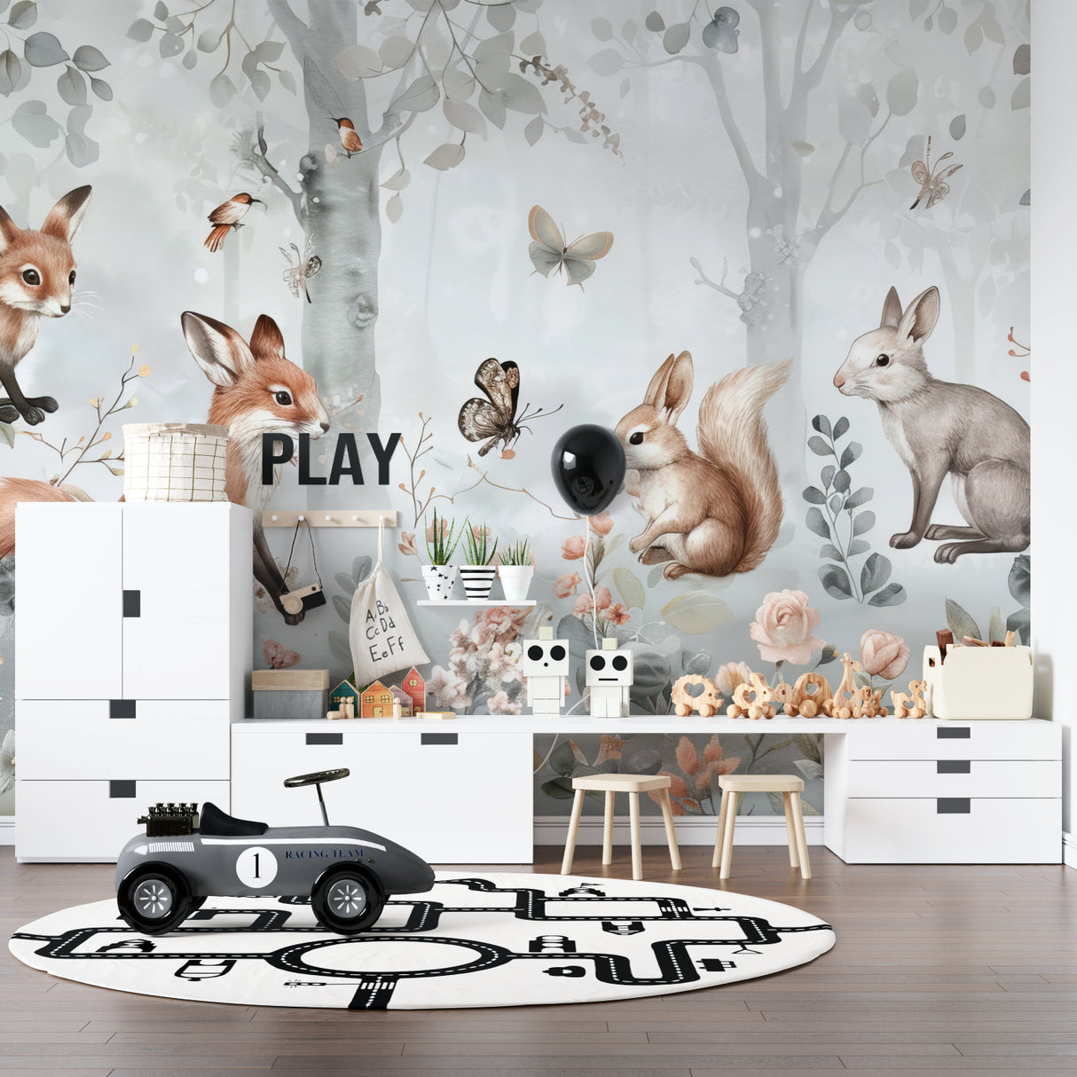 Woodland Animals Mural in toddler's bedroom with natural wood accents