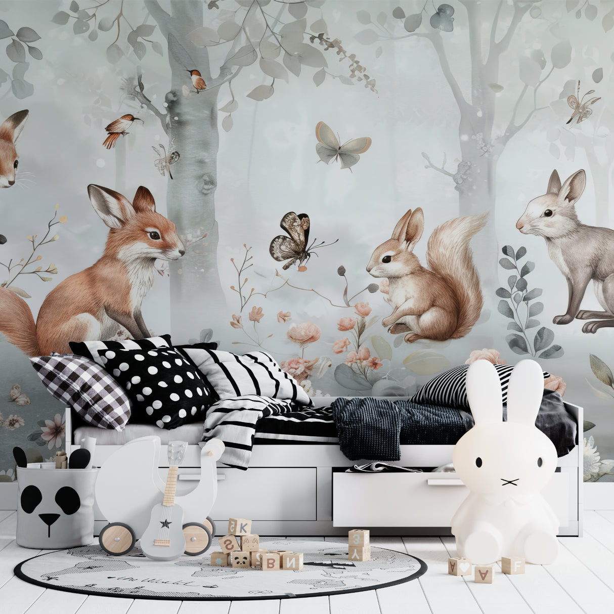 Woodland Wallpaper in modern children's room showing room styling