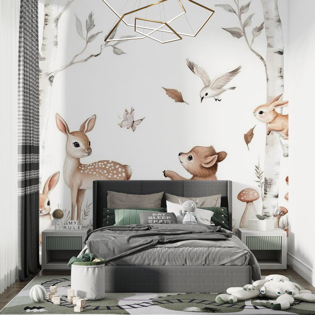 Woodland creatures wallpaper creating a cozy reading nook in a children's bedroom