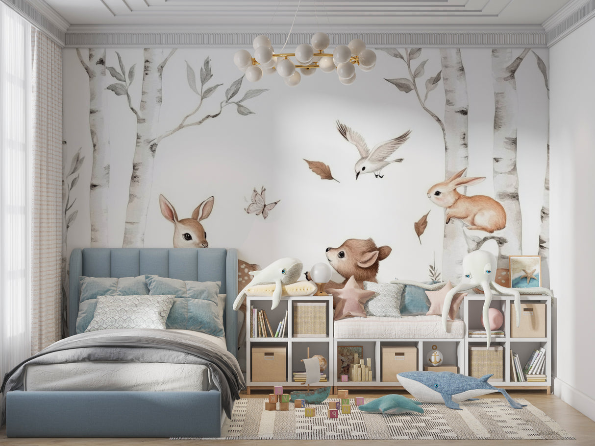Forest theme mural in a playroom showcasing friendly woodland animals and floating leaves