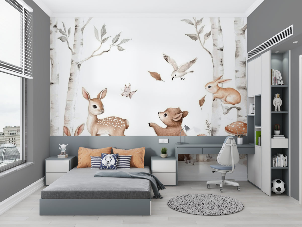 Woodland friends wallpaper bringing nature indoors in a modern baby room