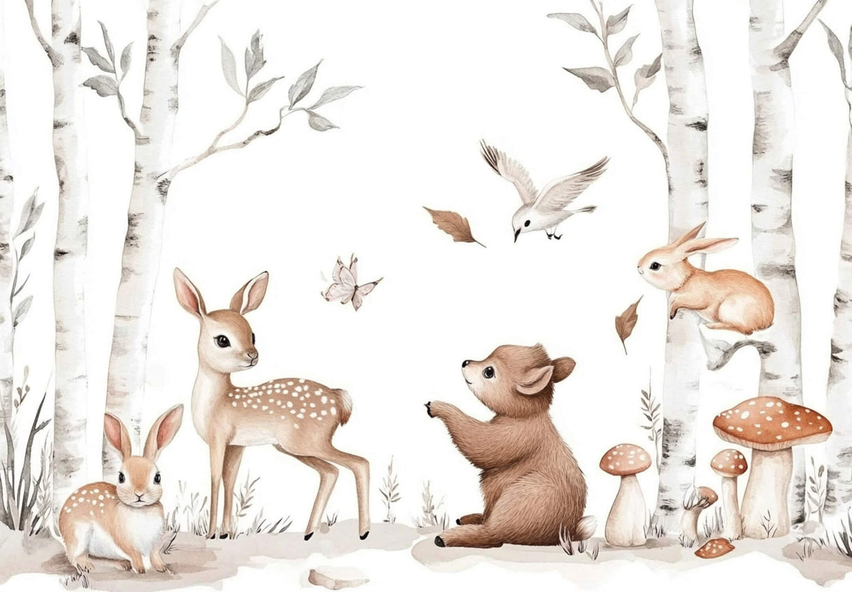 Forest animals wallpaper design file showing detailed woodland scene with birch trees and gentle creatures