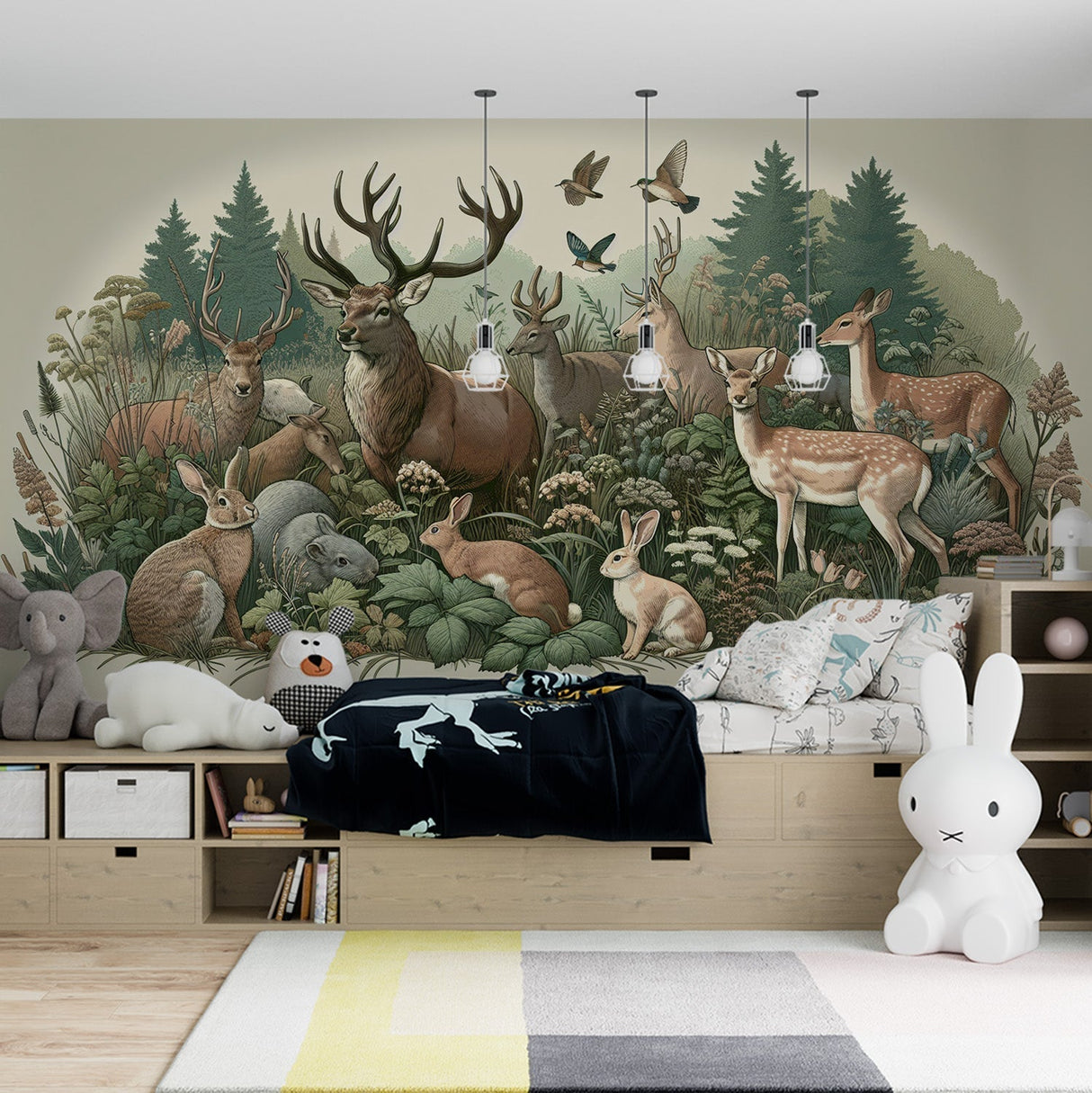Forest animals wallpaper in bright nursery showing deer and rabbits, creating a peaceful woodland atmosphere