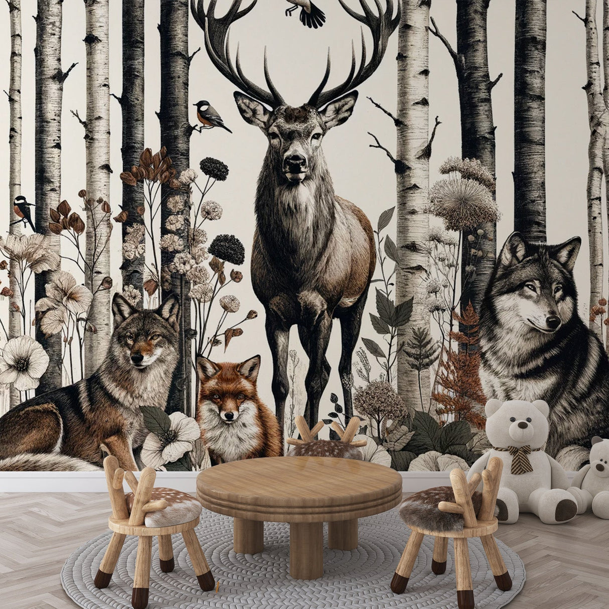 Forest animals wallpaper creating a cozy atmosphere in a modern living room, with deer and wolves design catching evening light