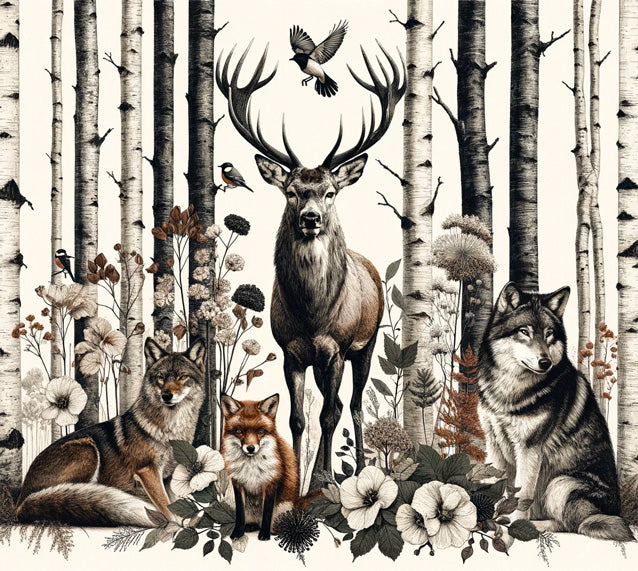 Forest wildlife wallpaper design file showing detailed woodland scene with stag, wolves, and botanical elements