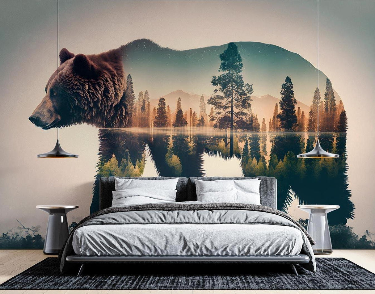 Forest bear wallpaper creating a cozy atmosphere in a modern living room with minimal furniture