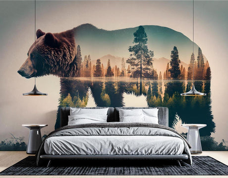 Forest bear wallpaper creating a cozy atmosphere in a modern living room with minimal furniture
