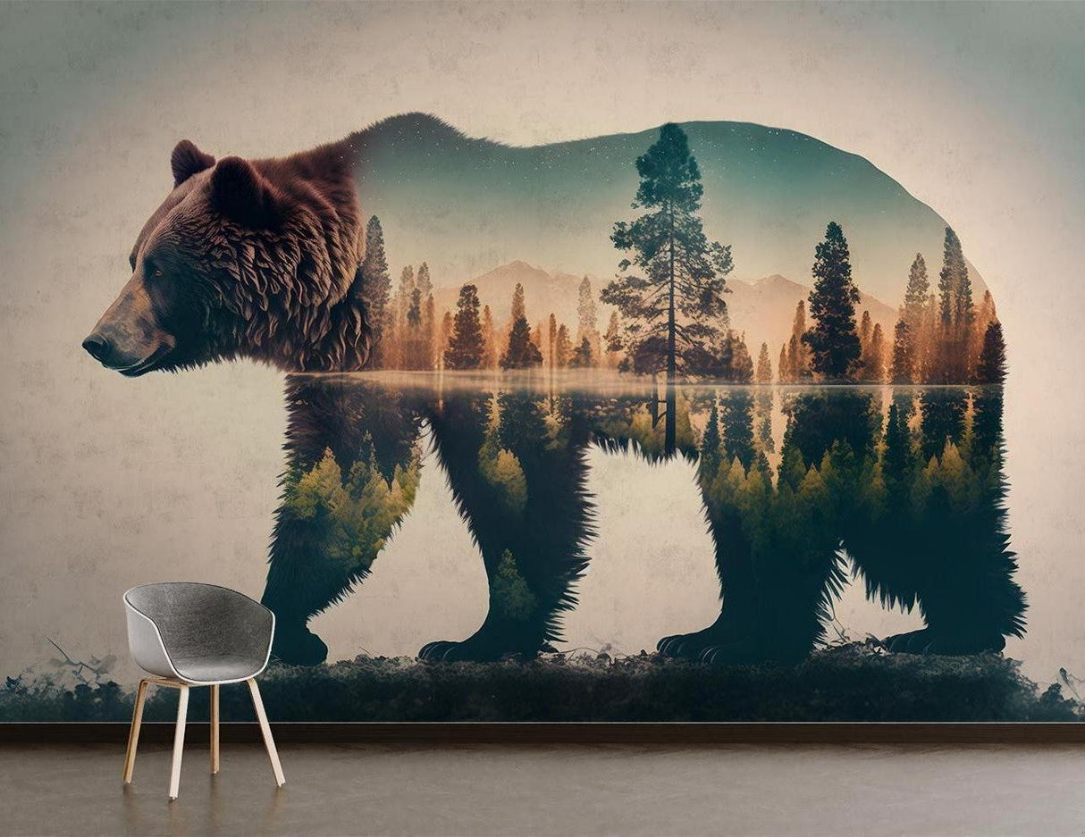 Nature wall mural with bear and mountain scene bringing wilderness feel to a bedroom setting