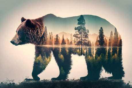 Double exposure bear and mountain lake design file showing intricate pattern details