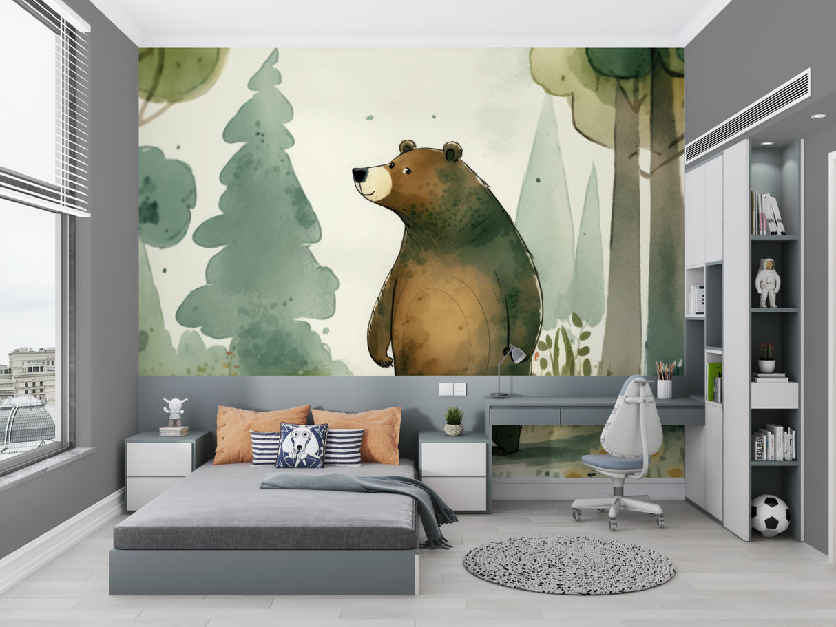 Forest bear wallpaper in a cozy nursery setting, showing gentle watercolor design above wooden crib