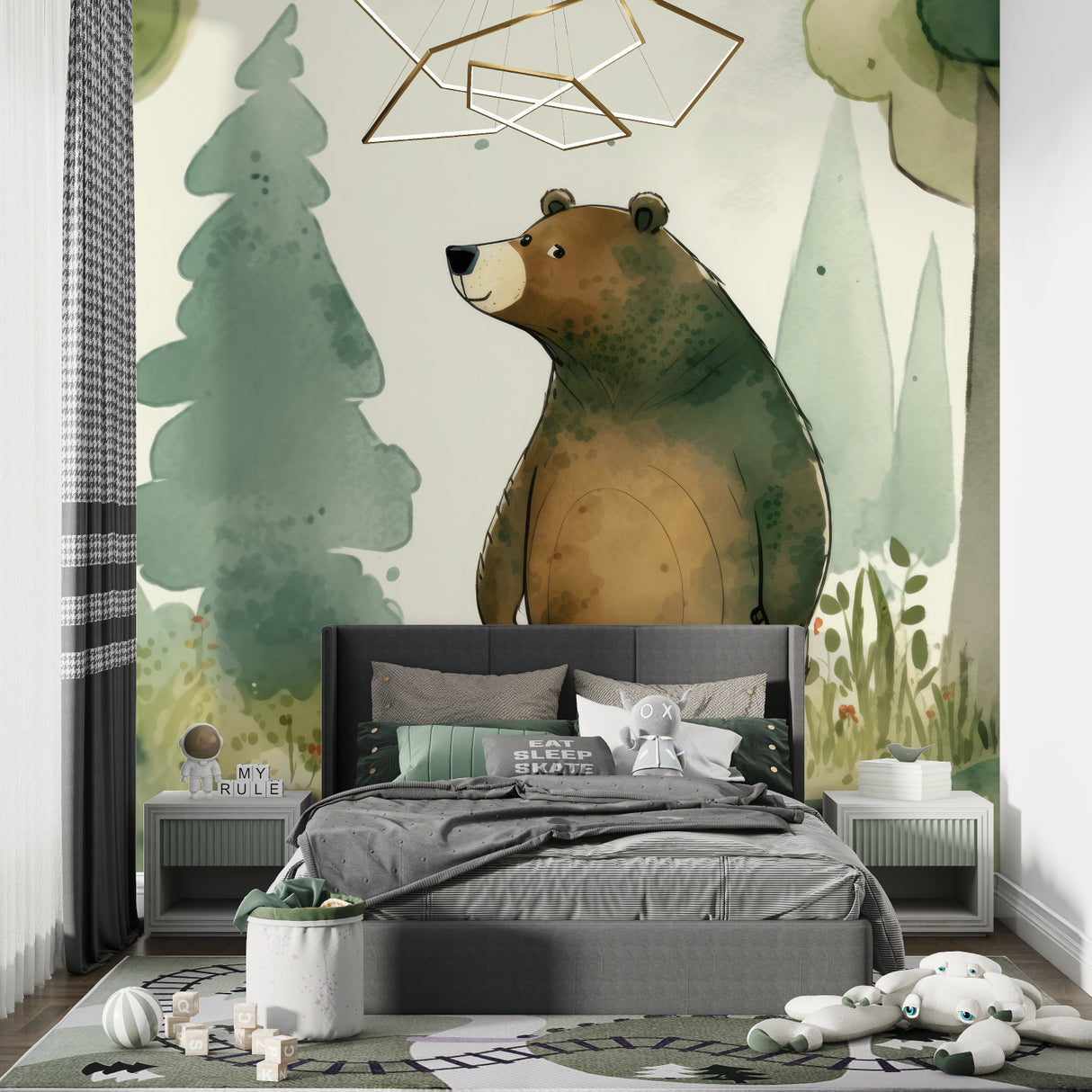 Woodland bear mural creating a reading nook atmosphere in a children's bedroom