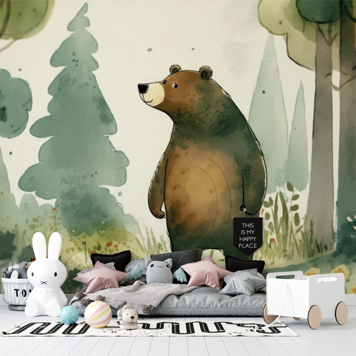 Watercolor forest bear mural bringing nature indoors in a playroom setting