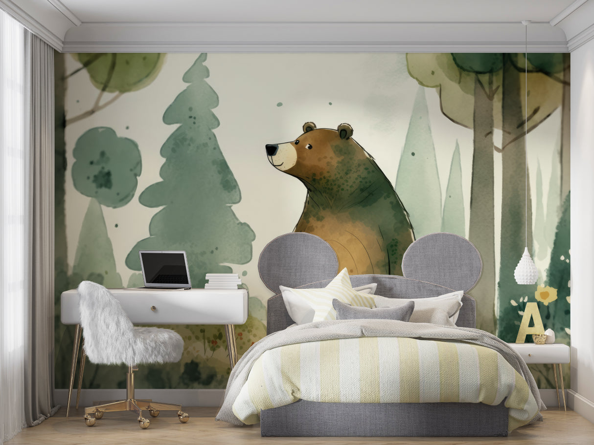 Bear woodland wallpaper creating a calm atmosphere in a home office space