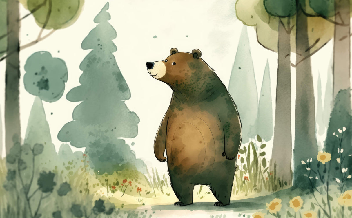 Forest bear watercolor wallpaper design file showing full pattern and soft color palette