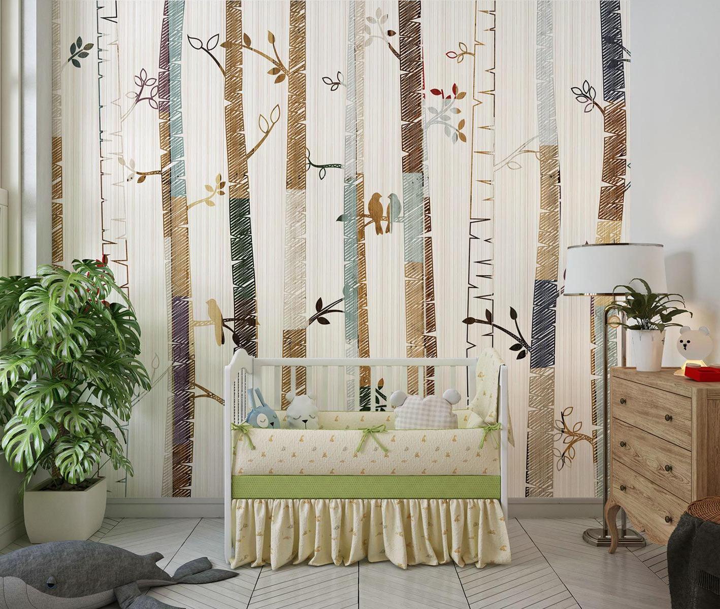 Forest birds wallpaper mural in modern living room, creating a serene atmosphere with soft natural light