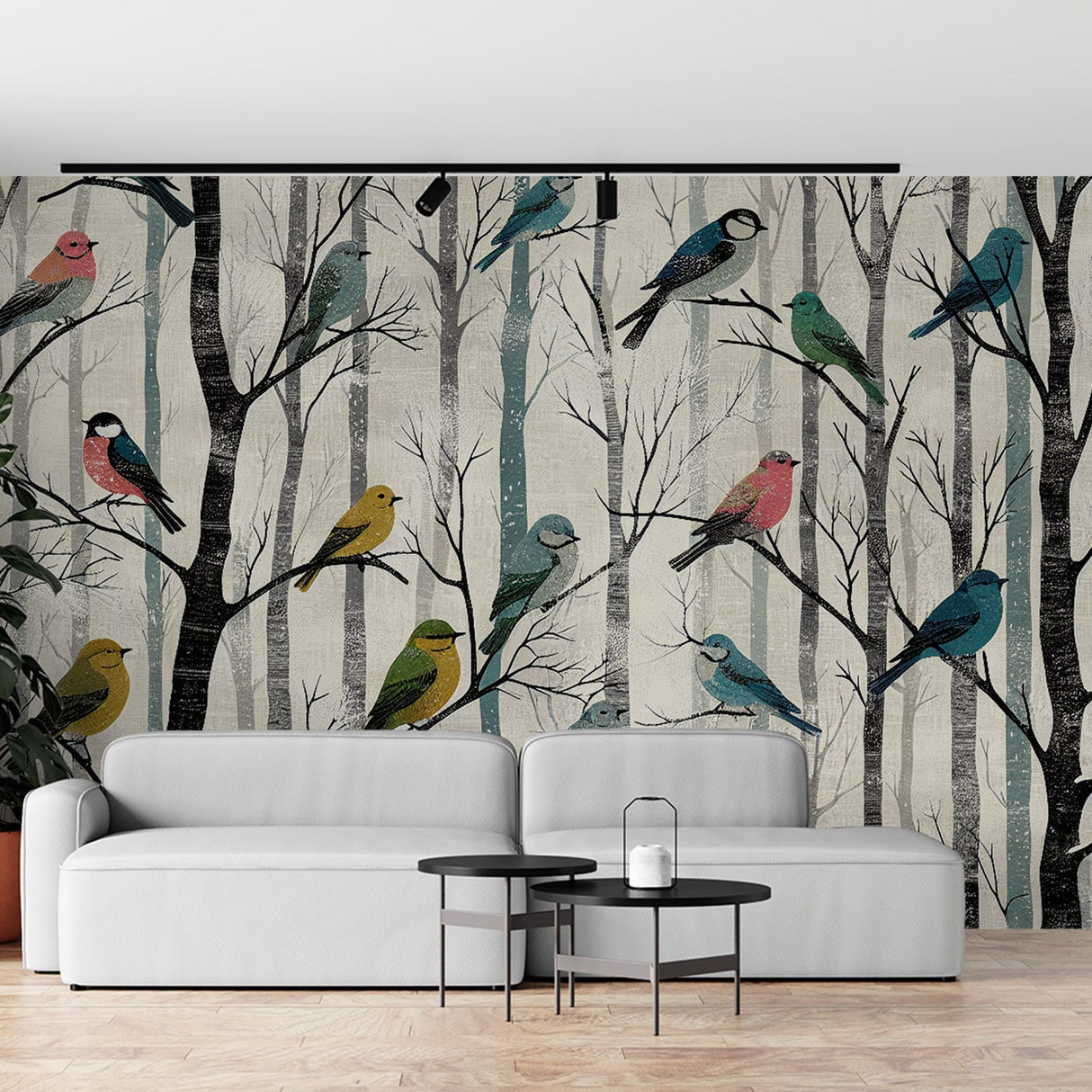 Forest birds wallpaper creating a cozy atmosphere in a modern living room, with colorful songbirds adding life to neutral walls
