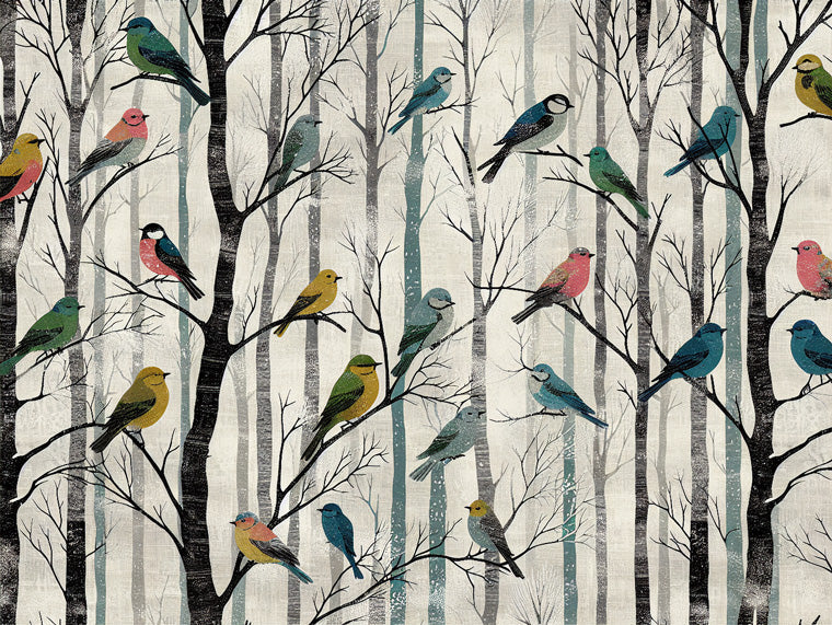 Forest birds wallpaper design file showing detailed pattern of colorful songbirds perched on winter tree branches
