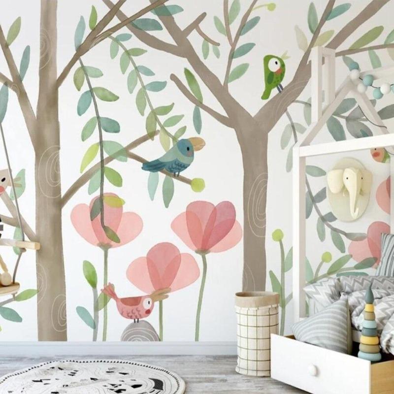 Forest Birds Wallpaper in bright nursery with white furniture, showing pink flowers and playful birds