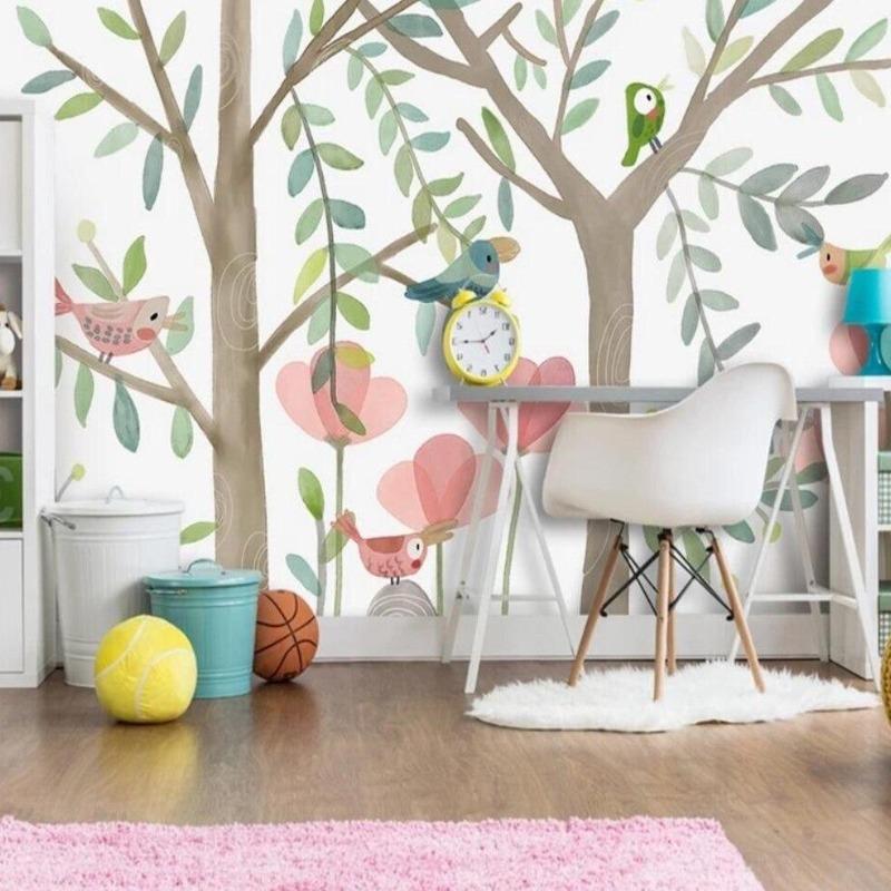 Enchanted Forest Wallpaper with birds in modern living room setting