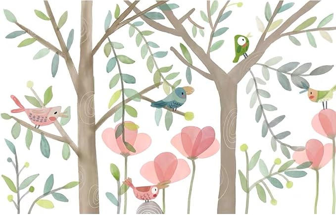 Birds and Flowers Wallpaper design file showing full pattern with pink blooms and forest details