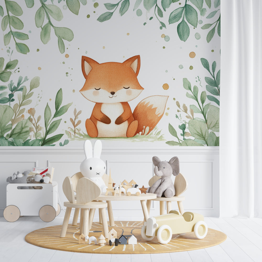 Forest animal wallpaper creating calm atmosphere in modern children's bedroom