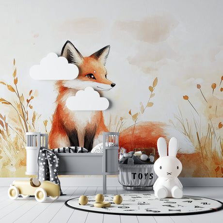 Forest fox wallpaper in cozy nursery with white furniture and natural light
