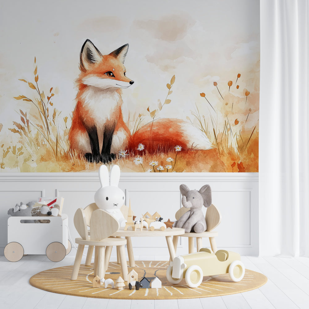 Woodland fox wallpaper in modern children's bedroom with minimal decor
