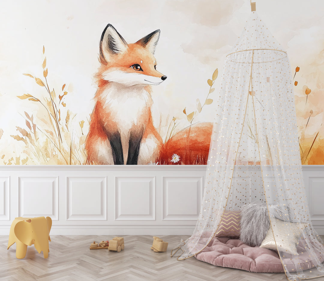 Fox mural wallpaper adding warmth to baby room with natural elements