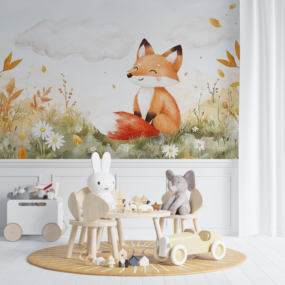 Fox Woodland Wallpaper creating a cozy atmosphere in a modern nursery with white furniture