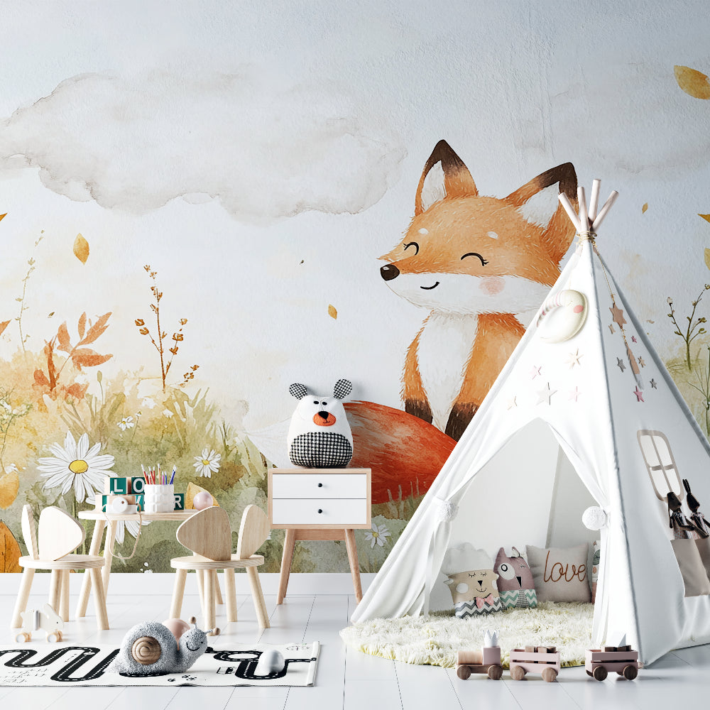 Woodland Fox Wallpaper transforming a playroom with soft watercolor design