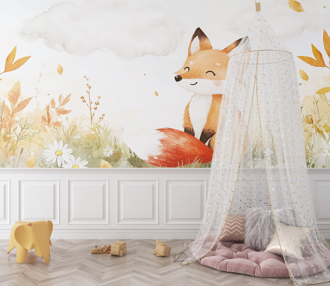 Forest Fox Wallpaper adding warmth to a baby's nursery with wooden accents