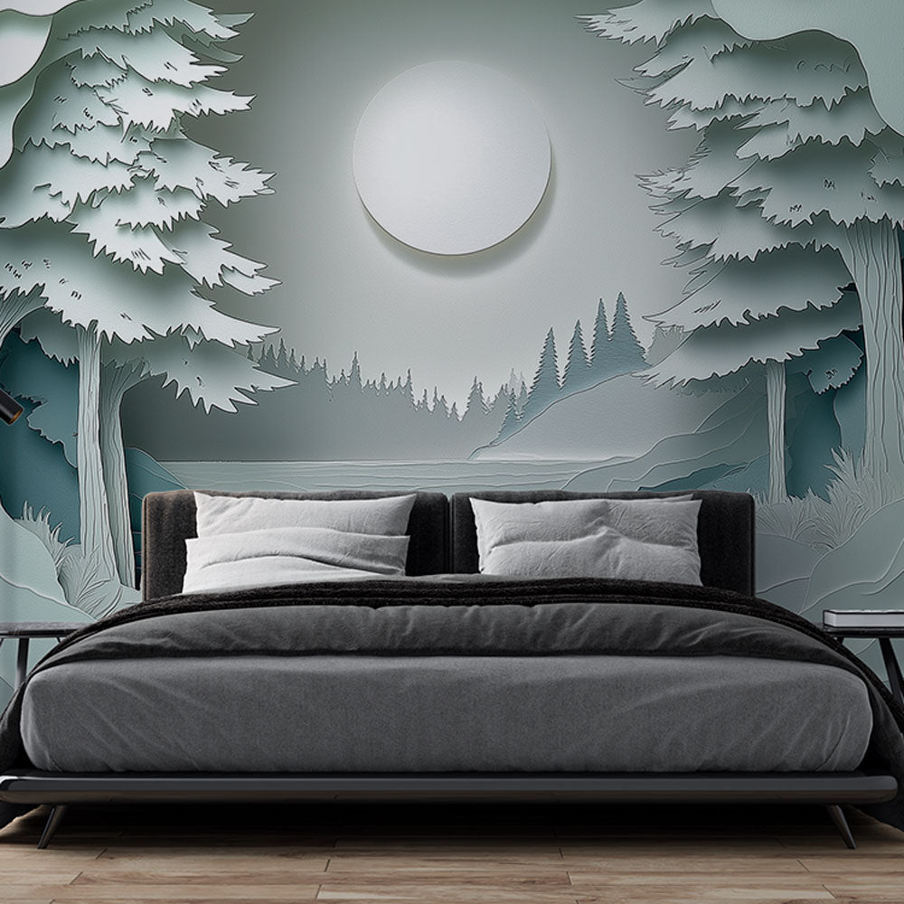 Forest lake wallpaper creating depth in a modern bedroom, moonlight effect casting gentle shadows on the wall