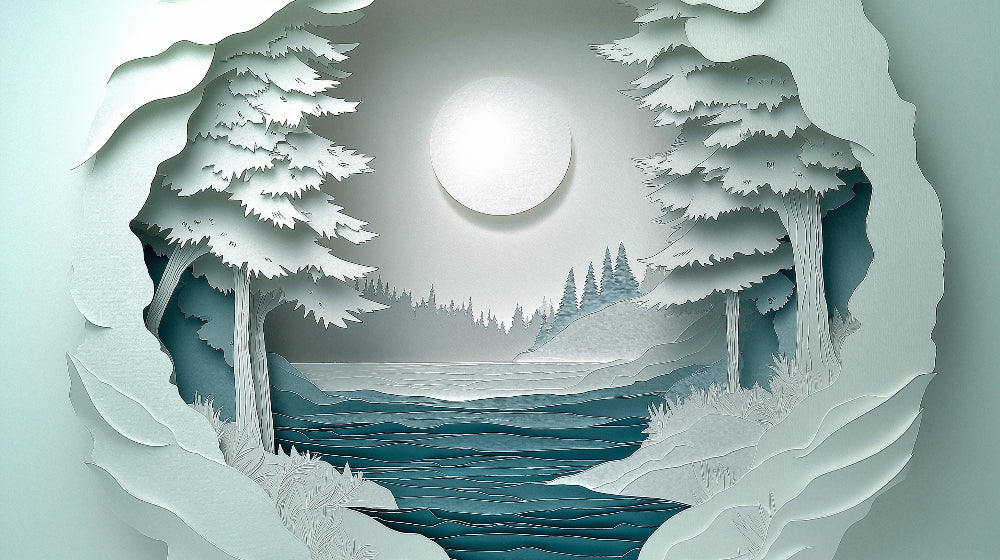 3D paper cut forest lake design file showing intricate layered details and moonlit reflection