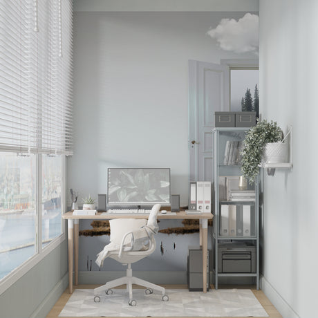 Forest lake portal mural wallpaper creating depth in a modern living room with grey sofa