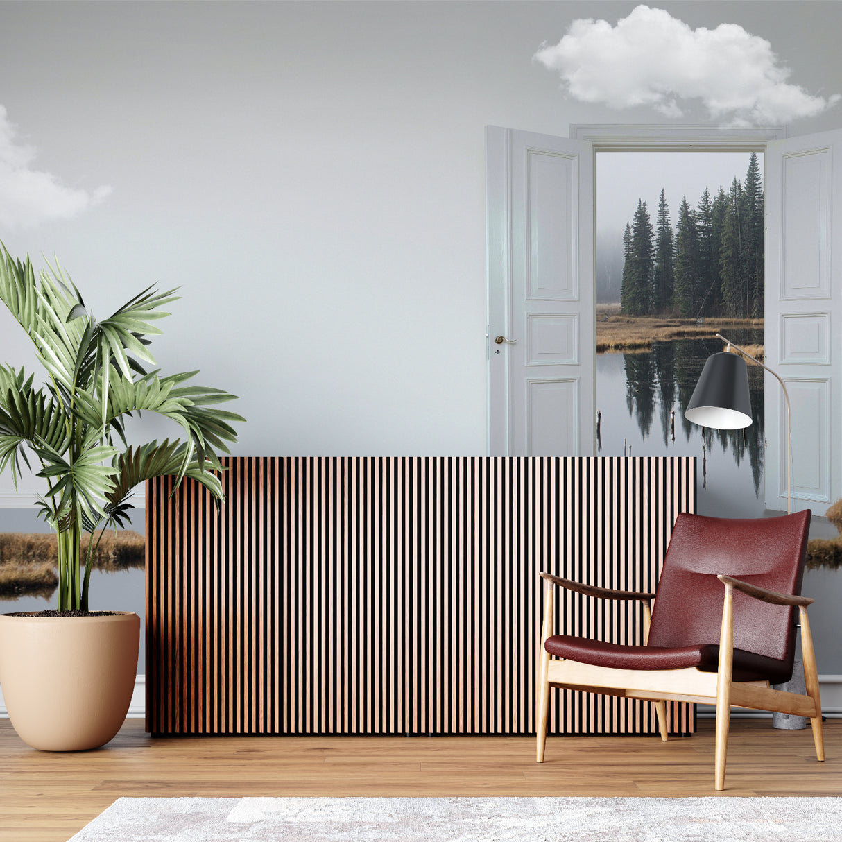 Pine tree portal wallpaper making a small home office feel spacious and connected to nature