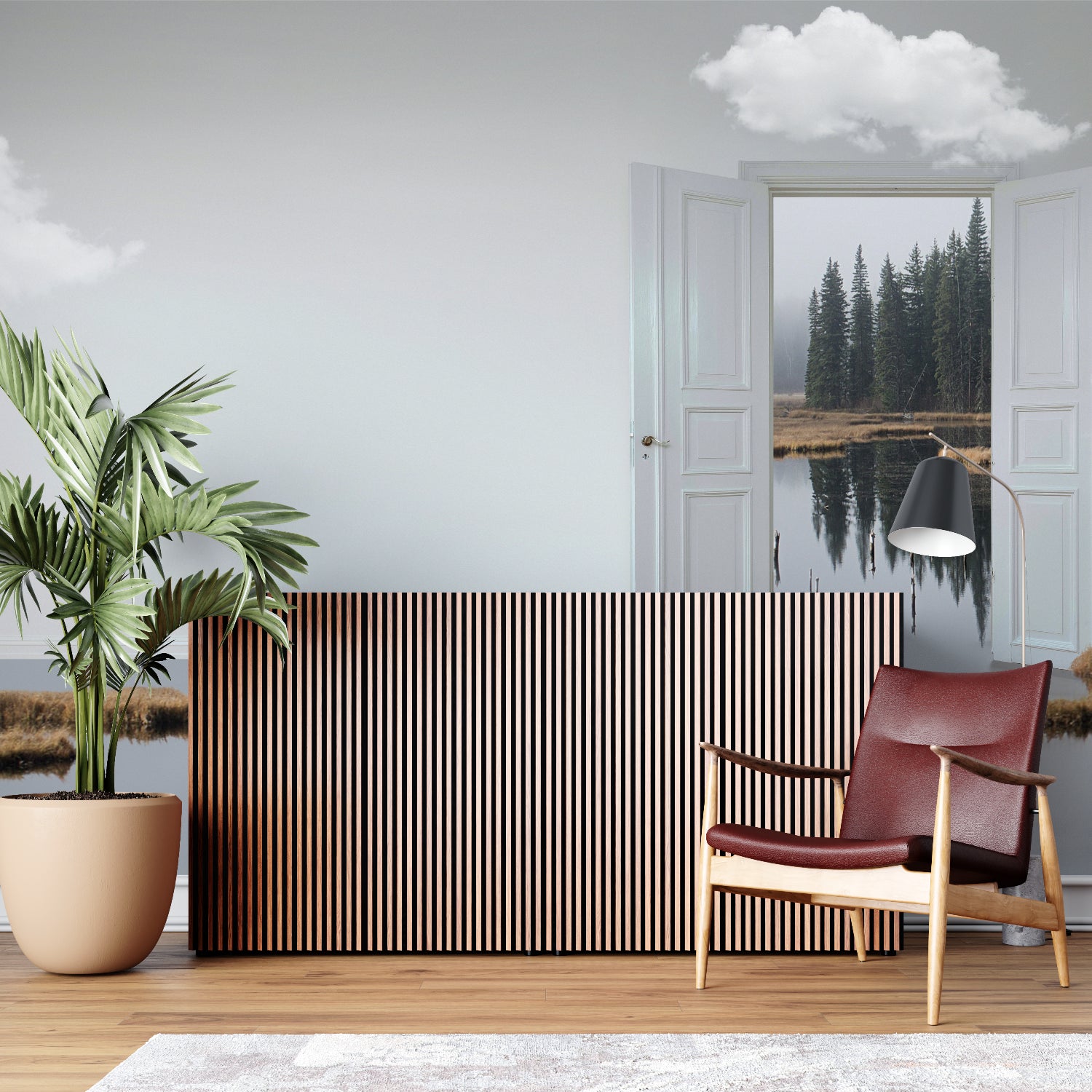 Pine tree portal wallpaper making a small home office feel spacious and connected to nature