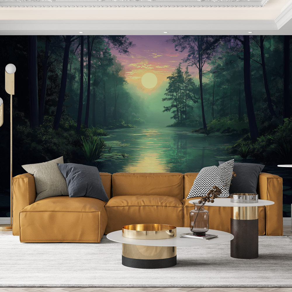 Forest Lake Wallpaper creating depth in a modern living room, purple and green reflections add serenity to the space