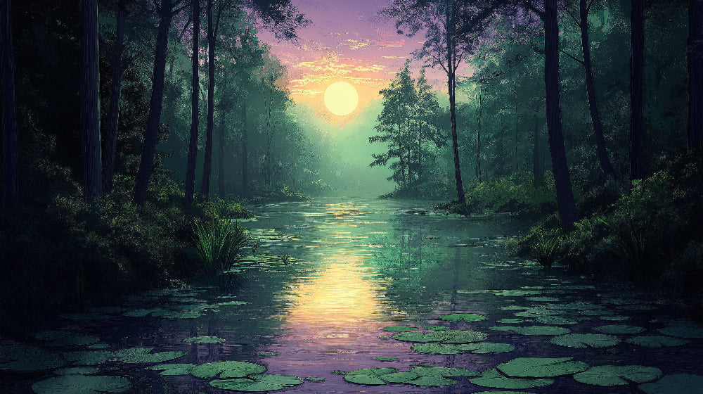 Forest Lake Wallpaper design file showing detailed sunset reflection pattern with lily pads and evergreen trees
