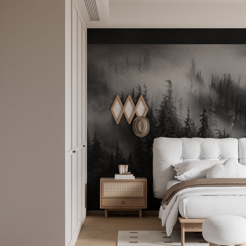 Mountain landscape mural in master bedroom showing foggy forest scene